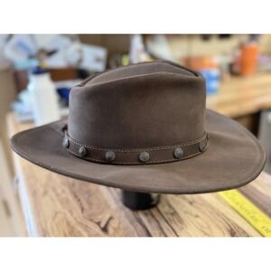 EUC Minnetonka "The Concho Hat" Brown Suede Leather Outback Cowboy Hat Medium